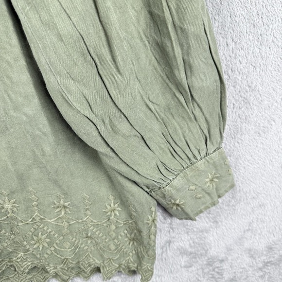 Solitaire Blouse Womens XL Button Front Top Embroidered Tencel Moss Green Boho - Picture 6 of 12